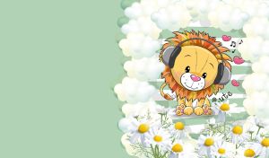 A little cartoon lion loves music in a cloud frame on a pastel blue background