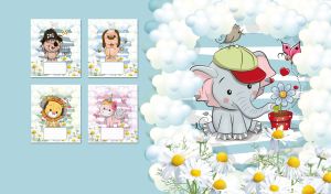 A little cartoon elephant in a cap in a cloud frame on a pastel blue background