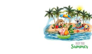 Summer palm beach scene with a hedgehog, a pig, a koala and a turtle on vacation