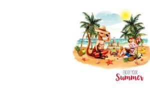 Summer palm beach scene depicting a kitty, a kangaroo and a crab on vacation