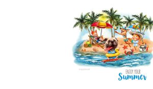 Summer beach scene with a kitty, a fox, a dog, a seal and a rabbit on vacation