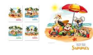 Summer beach scene with a piglet, a gull, a koala, a seal and a crab on vacation