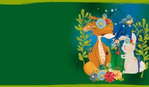 Cartoon fox and hare in a green and blue magical forest with trees and flowers