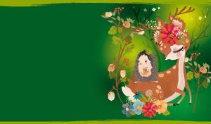 Cartoon fawn and hedgehog in a green magical forest with acorns and flowers
