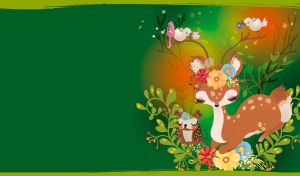 Cartoon fawn and owl in a green magical forest with birds and flowers