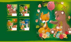 Cartoon bear and fox in a green magical forest with acorns and flowers