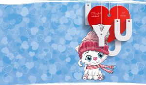 I LOVE YOU white kitty in a knitted hat on pastel navy heart patterned backdrop