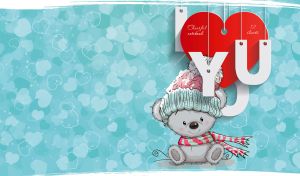 I LOVE YOU teddy bear in a knitted hat on pastel teal heart patterned backdrop