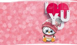 I LOVE YOU penguin in a knitted hat on pastel pink heart patterned backdrop
