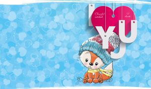 I LOVE YOU red fox in a knitted hat on pastel blue heart patterned backdrop