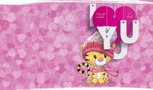 I LOVE YOU tiger in a knitted hat on pastel purple heart patterned backdrop