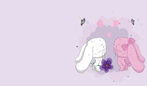 A white boy bunny and a pink girl bunny in love on a pastel purple backdrop