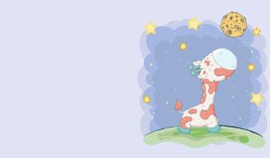 A baby giraffe looks at the moon in the night sky on a pastel navy backdrop