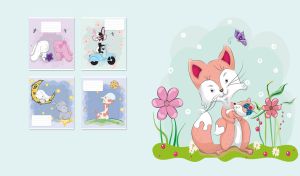 A red fox and her baby in a field of flowers on a pastel teal backdrop