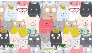 Seamless cartoon pattern with pastel colored cats wearing glasses and scarves