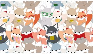 Seamless cartoon pattern with pastel colored foxes wearing glasses and scarves