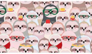 Seamless cartoon pattern with pastel colored sloths wearing glasses and scarves