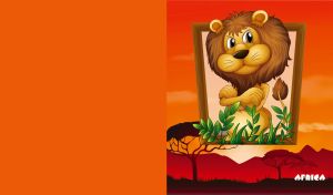 Cartoon lion portrait against a savannah sunset on an orange mono backdrop