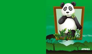 Cartoon panda portrait against a savannah sunset on a green mono background