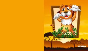 Cartoon tiger portrait against a savannah sunset on a dark yellow mono backdrop