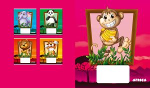 Cartoon monkey portrait against a savannah sunset on a pink mono backdrop