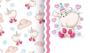 Baby hippo on a white backdrop with a seamless patterned side panel