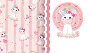 Rainbow unicorn on a white backdrop with a seamless patterned side panel