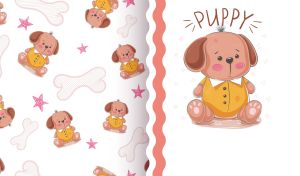 Puppy in a shirt on a white backdrop with a seamless patterned side panel