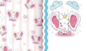 Baby elephant princess on a white backdrop with a seamless patterned side panel