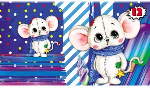 Watercolor mouse rag doll in a knitted scarf hat on navy wrapping paper