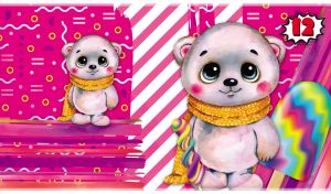 Watercolor plush teddy bear in a scarf on a fuchsia wrapping paper
