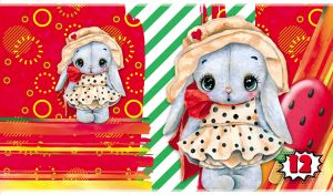Watercolor plush rabbit in a polka dot dress on a red wrapping paper