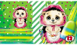 Watercolor plush hedgehog in vintage bonnet and apron on a green wrapping paper