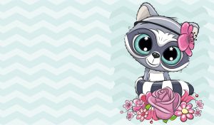 A cartoon raccoon girl on a pastel teal zigzag seamless pattern backdrop