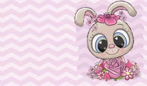 A cartoon bunny girl on a pastel purple zigzag seamless pattern backdrop