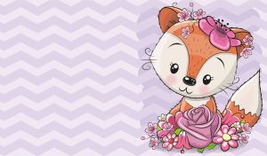 A cartoon fox girl on a pastel violet zigzag seamless pattern backdrop