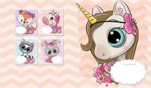 A cartoon unicorn girl on a pastel beige zigzag seamless pattern backdrop