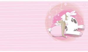 A cartoon bunny sleeping on a cow on a seamless striped pattern on pastel pink