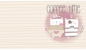 Two cartoon cats on a coffee break on a seamless striped pattern on pastel beige