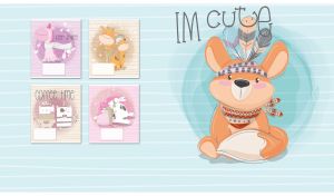 A cartoon fox in a war bonnet on a seamless striped pattern on pastel teal