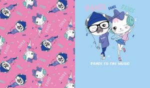 Cat and dog dance to the music on pastel blue next to a seamless pattern on pink
