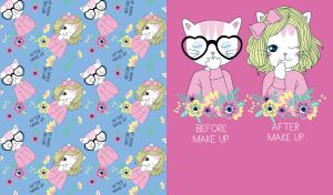 A girl cat before and after makeup on a pink and a seamless pattern on blue