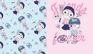 Sporty cat friends forever on pale pink next to a seamless pattern on sky blue