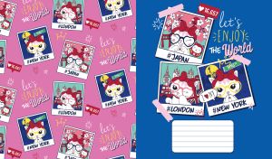 Photos of a cat traveling the world on blue next to a seamless pattern on pink