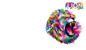 Pop art-style lion painted in vibrant colors on white