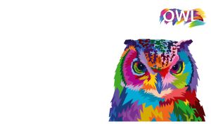 Pop art-style owl painted in vibrant colors on white