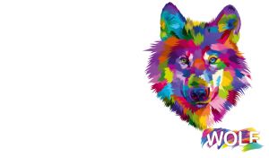 Pop art-style wolf painted in vibrant colors on white