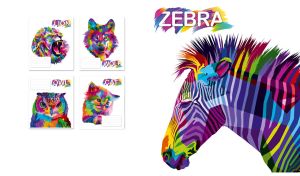 Pop art-style zebra painted in vibrant colors on white