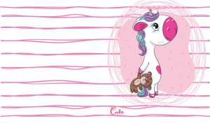 A cartoon unicorn and teddy bear on a pink doodle line seamless pattern on white