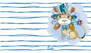 A cartoon boho-style baby lion on a blue doodle line seamless pattern on white